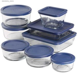 Bento Boxes Anchor Hockin 16 Piece Lass Stora Containrar med lock (8 Lass Food Storae Containers 8 Navy Blue Snufit Lids) L49