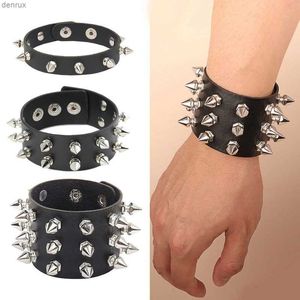 Other Bracelets Pu Leather Studded Bracelet Choker Punk Spike Rivets Cuff Metal Black Wristband Adjustable Cuff BangleL240415