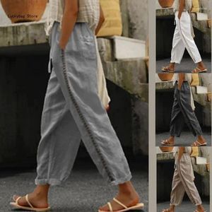 Women's Pants Womens Linen Drawstring Cropped Cotton Highs Waist Wide Leg Casual Loose Trousers With Pockets Gifts