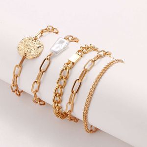 New Multi Layered of 5-piece Pearl Square Chain Bracelet Set in Korean Decorative Industry, Punk Style