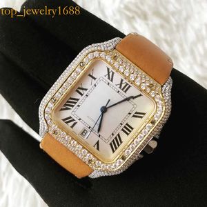 Leather Band 40mm Bust Down Two Tone Bezel Iced Out Vvs Moissanite Diamond Watch Men