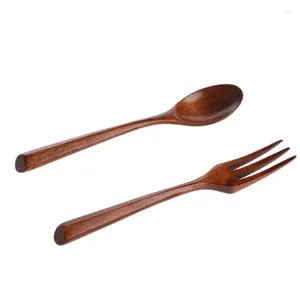 Coffee Scoops Set Wooden Dinner Spoon Fork Wood Cutlery Salad Cooking Dining Utensil Tableware T21C
