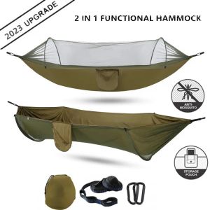 Kuddar 2023 camping hängmatta med myggnät Popup Light Portable Outdoor Parachute Hammocks Swing Soving Hammock Camping Stuff