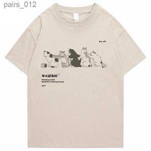 Herren-T-Shirts 2023 Herren Hip Hop T-Shirt Street Kleidung Japanisch Hanji Harajuku Funny Cat T-Shirt Sommer kurzärmeliges Top T-Shirt Cotton bedrucktes T-Shirt YQ240415