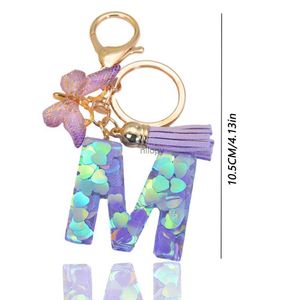 Keychains Lanyards Purple Squin 26 Letter Keychain Glitter Resin Butterfly Women Purse Bag Charm Car Ornament Christmas Gift