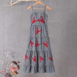 Casual Dresses Loose Cut Midi-klänning broderad hummerpläd för sommarlovet A-line stil med fyrkantig halsem mjuk