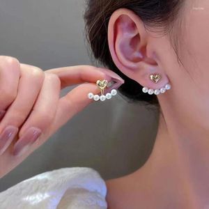 Stud Earrings 2024 Elegant Metal Heart-Shaped Back Hanging Pearl Korean Fashion Jewelry For Woman Girls Multi Wearing Accessories