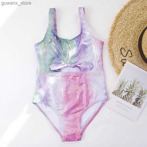 One-Pieces Bow Deco Gradient Print Kinder Mädchen Kinder ein Stück Badeanzug Sommer Hollow Shining Teen Kids Baden Schwimmanzug Y240412Y2404172t21