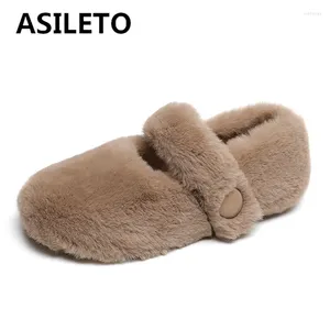 Casual Shoes Asileto Design Women Warm Winter Flats Round Toe Flock Suede Press Buckle Daily Home Outdoor Söt kvinnlig stor storlek 42 43