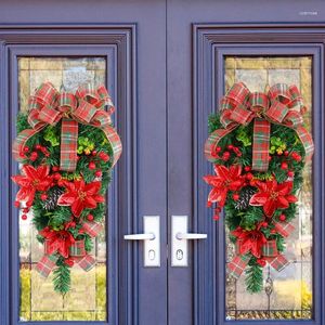 Dekorativa blommor Big Bow Christmas Wreath Door Hanging Red Garland Pine Needle Ornament Rattan Navidad Windown Xmas Year Decor Drop