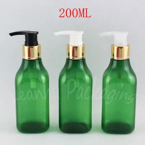 Depolama Şişeleri 200ml Yeşil Kare Plastik Şişe Altın Losyon Pompası 200cc Boş Kozmetik Konteyner / Şampuan Ambalajı