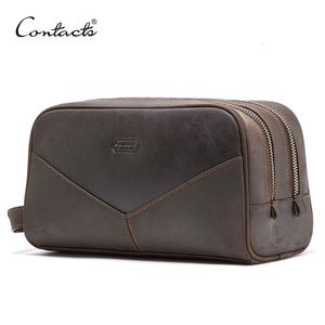 CONTACTS crazy horse genuine leather men cosmetic bag travel toiletry bag big capacity wash bags mans make up bags organizer 240412