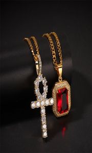 Egipski Naszyjnik Ankh Red Gem Iced Rhinestone Gold Kolor Charm Mężczyźni/Key Klucz życia Egipt Biżuteria Darp Drop Wysyłka 6216849