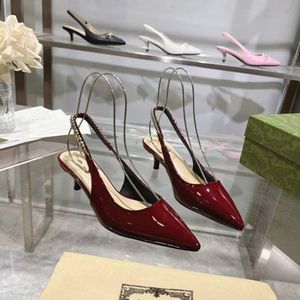 Patent leather slingback pumps metal buckle-embellished sandals kitten heel women's luxury designer pointed toe sexy evening party shoes 019