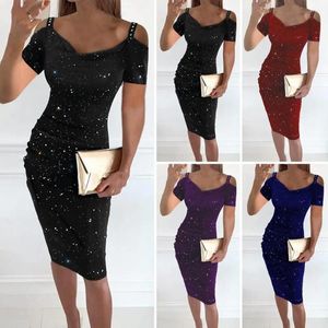 Casual Dresses Women Dress Elegant Rhinestone Embellished V Neck Mini för Off Shoulder Hollow Out Party Club med hög midja