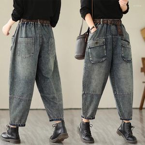 Kadın Kotları 6226 Bahar Sonbahar Moda Vintage Denim Pantolon Kadın Pamuklu Yastıklı Çoklu Cep Ayak Bileği Uzunluğu Günlük Harem Pantolon