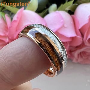 iTungsten 8mm Tungsten Finger Ring for Men Women Engagement Wedding Band Koa Wood Meteorite Inlay Fashion Jewelry Comfort Fit 240423