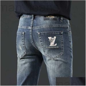 Herren Jeans Designer Herumn Mode Marke Koreanische Schlanke Hose Slim Fit Dick gestickt blau grau