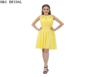 Short Chiffon Homecoming Dresses Beading Yellow Sheer Neck Cocktail Dress Charming Girls Cheap Party Gowns B0122028871