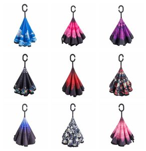 Creative 9 Colors Inverted Umbrellas Double Layer With C Handle Inside Out Reverse Windproof Sunny Rainy Umbrella Whole BC BH07797542