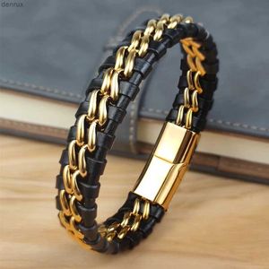 Other Bracelets Genuine Leather Chain Bracelet for Men Magnetic Stainless Steel Clasp in Plated Gold Exclusive Jewellery Gift Wholesale DroppingL240415