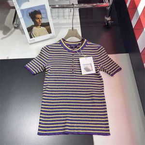 Women's T-Shirt designer 24 Early Spring New Cha Temperament Small Fragrant Wind Sparkling Diamond Letter Button Blocked Color Stripe Short Sleeve Knitted Top 3M8B