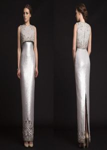 2019 Nya lyxiga Krikor Jabotian Evening Dresses Sequins Beading Satin Sheath Custom Made Silver Prom Dresses Split Back Formal Gow510465