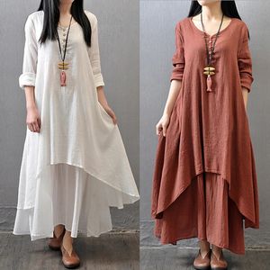 Kvinnor bomullslinne chic maxi klänningar elegant bohemskiktad vintage mantel långärmad lös klänning o hals casual vit vestidos 240415