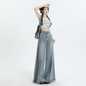 2024 Spring/Summer New Style Tassel Edge Wide Leg Jeans Womens High Waist Loose Slim Slimming Floor Slim Straight leg Pants