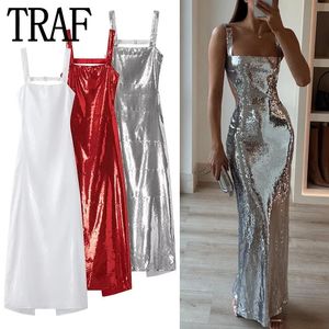 Traf Backless Press Press Женщина серебряное красное белое скольжение длинные женщины блестящие сексуальные платья для вечеринок Midi Prom Вечер 240415