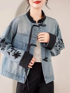 Damenjacken Jacke 2024 Frühlings- und Herbst -Retro -Pan -Knopf Chinesischer Chinesische Stil Sticked Denim Mantel Vielseitige Design Jeans Jaqueta K560