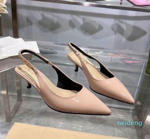 Patent leather slingback pumps metal buckle sandals kitten heel women's pointed toe sexy evening party shoes