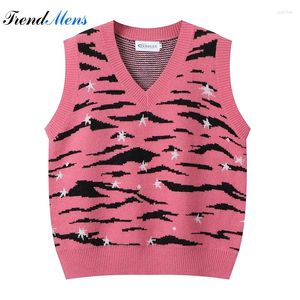 Męskie swetry Leopard Print Camisole Sweter Moda HARAJUKU Wygodna swobodna kamizelka Slim Fit V-dół bez rękawów