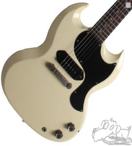 LOJA CUDDADA SG Júnior 1965 Polaris White Cream Guitar Garão único Bobina Bobina Preta P90 Hardware Chrome Black PickGuard8865177