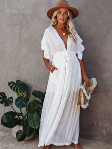 Seksi Derin Vneck Kelebek Kolu Kendi Kuşaklı Yüksek Bel Düğmesi Ön Açık Yaz Beyaz Kadın Plaj Giyim Maksi Elbiseler Q1208 240415