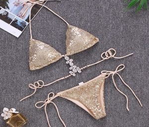 New Sexy Women Glitter Sequins Crystal Swimwear Bikinis Set Gold Green Blue Monokini Pushup Padded Bathing Suit Brazilian Swimsui7687008