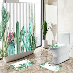 Shower Curtains Tropical Cactus Printed Curtain Set Green Plant Floral Pattern Bathroom Bathtub Non-Slip Rug Toilet Lid Cover Bath Mat