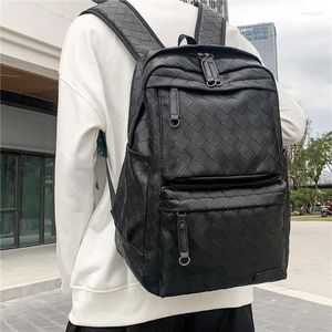 Backpack Men's Waterproof PU Leather Weave Laptop Travel Bag Korean Fashion Male Teenage Boys Schoolbag Rucksack