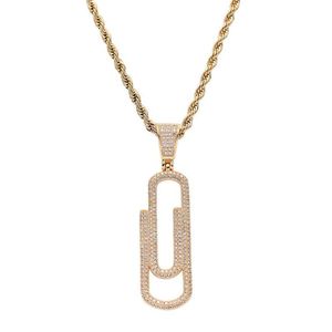 Pendant Necklaces Hip Hop Prong Setting CZ Stone Bling Out Solid Pin Paper Clip Pendants Necklace For Men Rapper Jewelry Gold Silv4986438