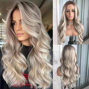 Long Wavy Lace Front Wig Synthetic Hair for Women Highlight Blonde Glueless Lace Frontal Body Wave Wigs Preplucked Daily Cosplay 240409