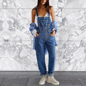 Kvinnors jeans avslappnade denim rem jumpsuits slacks med lösa remmar koreanska raka byxor vintage blå gata