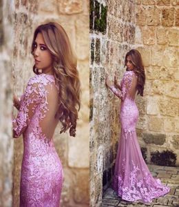 Said Mhamad Mermaid Tulle Appliques Lace Plum Evening Dresses Sweep Train Long Sleeve Formal Party Sheer illusion Back Arabic 6465718