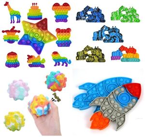 Pops Fidget Toys Push It Bubble Color Desktop Desktop Sensory Squeeze Terapia Toy Robot Rockets Dinosaur Shooting Stars UN6821370