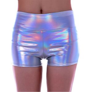 Seksi moda holografik şort kadın ince sıska yaz pantolon metalik renk vücut clubwear rave parti tozluk 240415