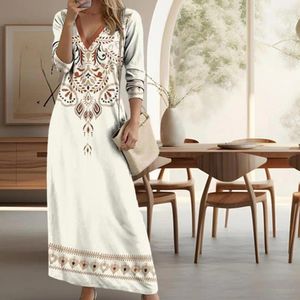 Casual Dresses Women V-Neck Dress Bohemian V Neck Maxi med etniskt tryck Långa ärmar Kvinnans vår a-line tröja i mjuk för fotled