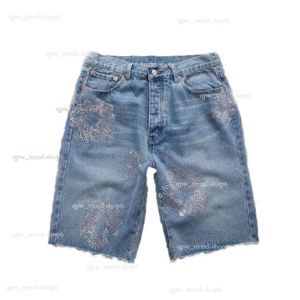 Mens Jeans Short Flower Diamond Denim Shortpants Slim Street Hip Hop Jean Shorts Button Fly Wreath Weans