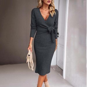 Casual Dresses Office Lady Work Dress Sticked Female Slim Fit V Neck Wrap Hip Mermaid Sticking Sexy BodyCon Midi Sweaters