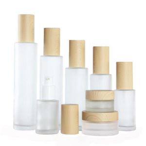 Frosted Glass Bottle Cream Jar with Imitated Wood Lid Lotion Spray Pump Bottle Portable Refillable Cosmetic Container Jars7979539