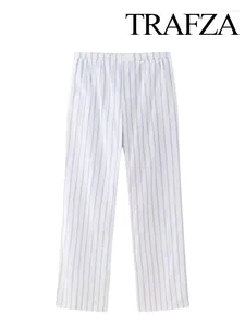 Women's Pants TRAFZA Women Fashion Chic Stripe Pocket Buttons Decorate Loose Wide Leg Elegant Woman Casual Slim Long Streetwear