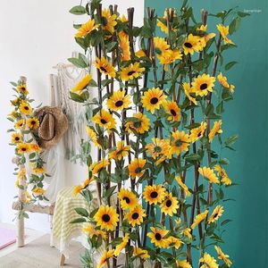 Fiori decorativi da 230 cm seta di girasole canna edera vite parete di fiori giallo artificiale appeso ghirlanda giardino recinzione per la casa